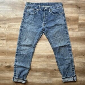 Selvedge Jeans Men 32x29 Blue Japanese Redline Stitch Straight Leg Faded Whisker